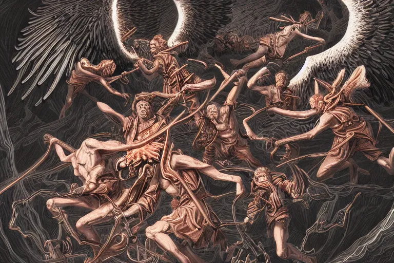 Image similar to hyper detailed digital illustration of angels battling demons