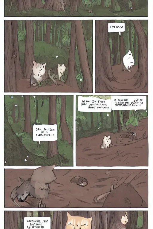 Image similar to a graphic novel comic about cats in the forest, by mike holmes, manga, webcomic