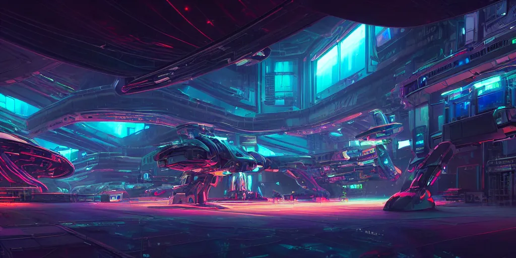 Image similar to the exterior of a celestial spaceship cyberpunk hangar in a bioluminescent walls decorated beautifully, lots of cyberpunk design elements like humanoids and mecha robots, warm sunlight shining in, lots of cables and neon signs, concept art 8 k resolution, fantasy illustration, sharp focus, detailed painting, deep color, volumetric lighting, crepuscular rays