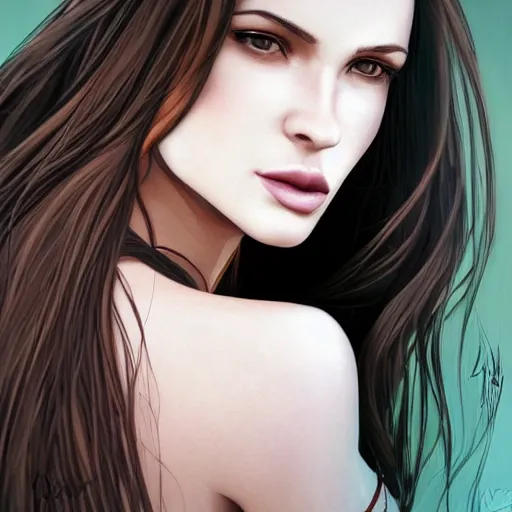 Prompt: Portrait of a woman with long brunette hair, tank top, character design, accentuated feminine features, realistic face, detailed face, comic book visual style, atmospheric lighting, tonemapping, highly detailed, heavy contour lines, realism, cel shading, vibrant colors, ArtStation, trending on ArtStation, DeviantArt, David Nakayama