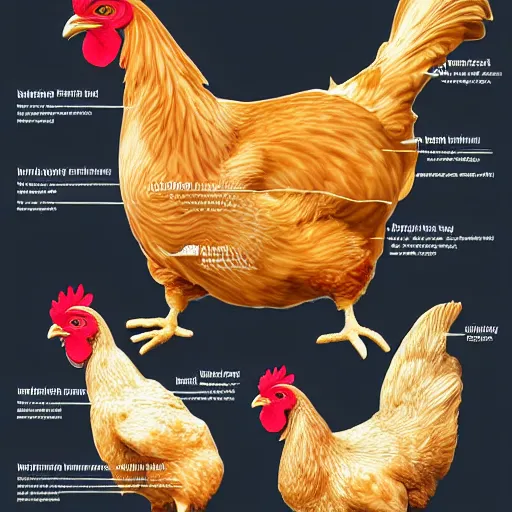 Image similar to infographic draw cut in half of a chicken explaining function and organs position, higly detailed, 8 k, photorealistic, art concept, artstation, sharp focus