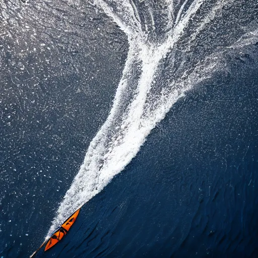 Image similar to an overhead, national geographic photo of a lone kayaker being circled by a group of Orcas. 85MM lens, f1.8