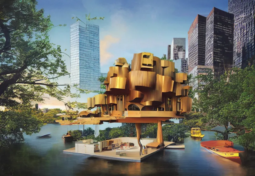 Prompt: a high resolution rendering of a mid century modern treehouse floating above new york city designed by frank gehry