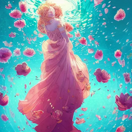 Image similar to Triss Merigold in a swirling sundress of flowers, underwater, floral explosion, radiant light, vortex of plum petals, by WLOP, Victo Ngai and artgerm, artstation, deviantart