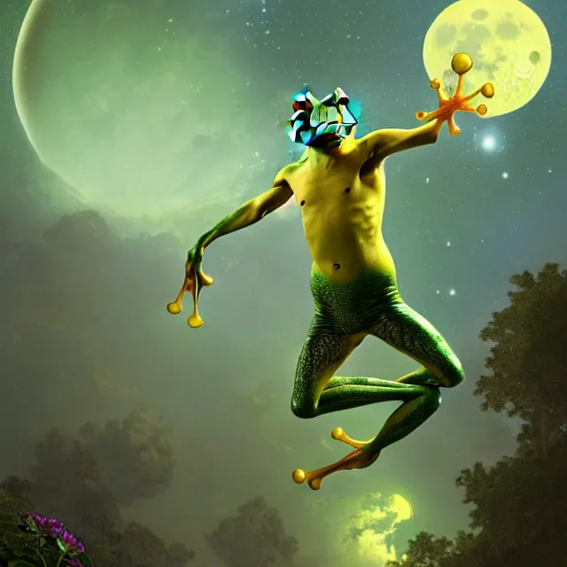 Prompt: a frog! with green muscular body, wear! yellow sleeveless shirt and black sport shorts, jumps to the sky and stars, cosmos, moon, by mucha and caspar david friedrich, atmospheric lighting, intricate detail, cgsociety, hyperrealistic, octane render, rpg portrait, ambient light, dynamic lighting