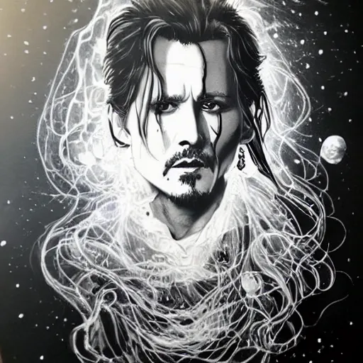 Image similar to black and white pen and ink!!!!!!! Johnny Depp x Ryan Gosling wearing cosmic space robes made of stars final form flowing royal hair golden!!!! Vagabond!!!!!!!! floating magic swordsman!!!! glides through a beautiful!!!!!!! Camellia flower battlefield dramatic esoteric!!!!!! Long hair flowing dancing illustrated in high detail!!!!!!!! by Moebius and Hiroya Oku!!!!!!!!! graphic novel published on 2049 award winning!!!! full body portrait!!!!! action exposition manga panel black and white Shonen Jump issue by David Lynch eraserhead and beautiful line art Hirohiko Araki!! Rossetti, Millais, Mucha, Jojo's Bizzare Adventure