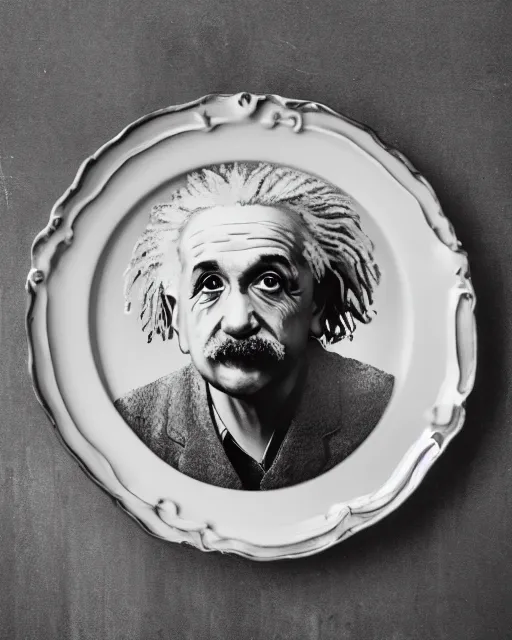 Image similar to a portrait of albert einstein sitting at the dining table with a plate containing thali in front of him, highly detailed, trending on artstation, bokeh, 9 0 mm, f / 1. 4
