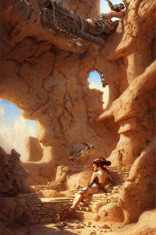 Image similar to a fantasy desert landscape, ruins, bones, rocks, arid ecosystem, digital illustration by gaston bussiere and leyendecker and artgerm, intricate details, surreal, photorealistic, award winning