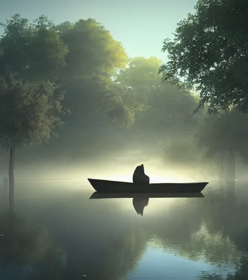 Image similar to three crows standing in a boat in a swamp, the reflection of the swamp, volumetric lighting, fog, majestic light, octane render, ethereal glare of the sun, hyperrealistic, epic, masterpiece, by makoto shinkai