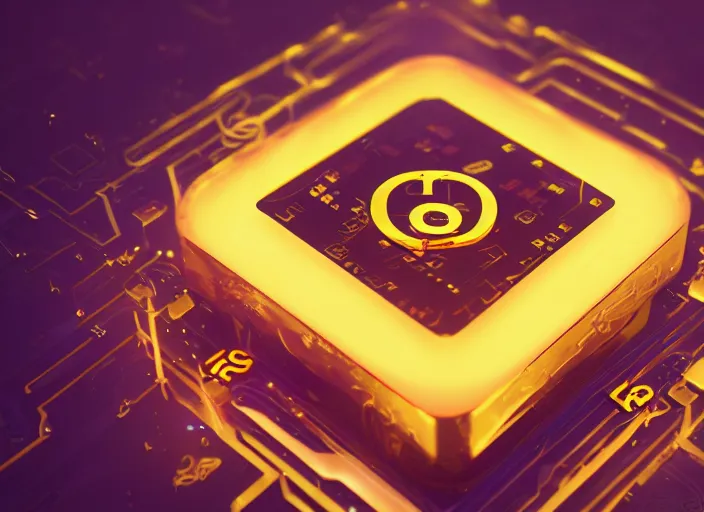 Image similar to square magic golden computer chip with runes and a glowing blue crystal in the center, mana flowing around it, product photo, hyperrealism, octane render, trending on artstation, unreal engine 5, 4 k, 8 k