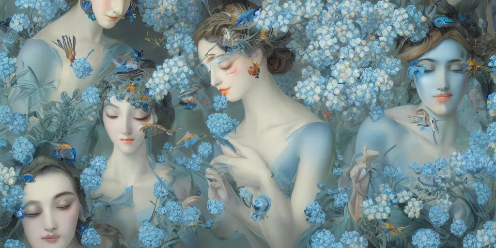 Image similar to breathtaking detailed concept art painting art deco pattern of faces goddesses amalmation light - blue flowers with anxious piercing eyes and blend of flowers and birds, by hsiao - ron cheng and john james audubon, bizarre compositions, exquisite detail, extremely moody lighting, 8 k