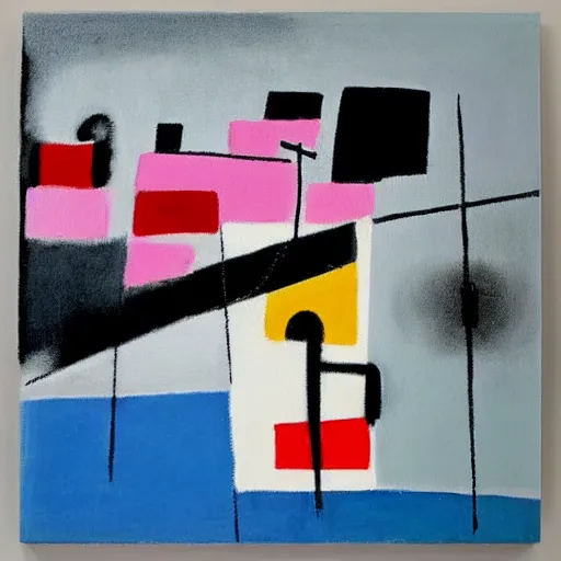 Image similar to “ an acryllic painting dubrovnik, on a pale background, muted palette mostly white, black, gray, dark red, dark blue, pink, evil fisherman, dadaism, dada, mixed media, in the styles of both joan miro and mark rothko ”