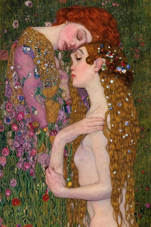 Image similar to two beautiful young elf maidens, fantasy, kiss, highly detailed, artstation, illustration, art by Gustav Klimt