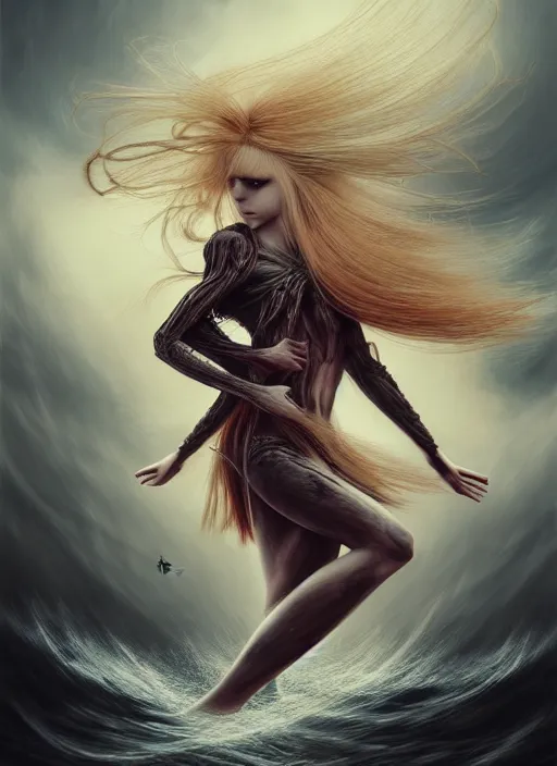 Prompt: realistic detailed image of a female pirate blonde hair blowing in an angry and stormy battle scene, anime art, anime, inspired by H.R. Giger and Zdzislaw Beksinski and Mark Ryden, gothic, rich deep colors. A masterpiece, matte painting, digital art, trending on artstation.