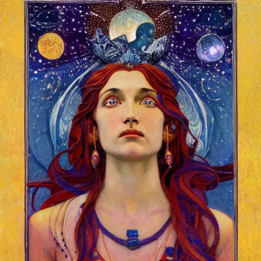 Image similar to queen of the moon with stars in her hair, by nicholas roerich and annie swynnerton and donato giancola and dulac and elihu vedder, dramatic lighting, god rays, geometric tattoos, rich colors, smooth sharp focus, extremely detailed, leo and diane dillon, adolf wolfli