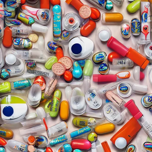 Image similar to pills, powders, acid tabs and syringes by tristan eaton and james jean, chiho aoshima color scheme