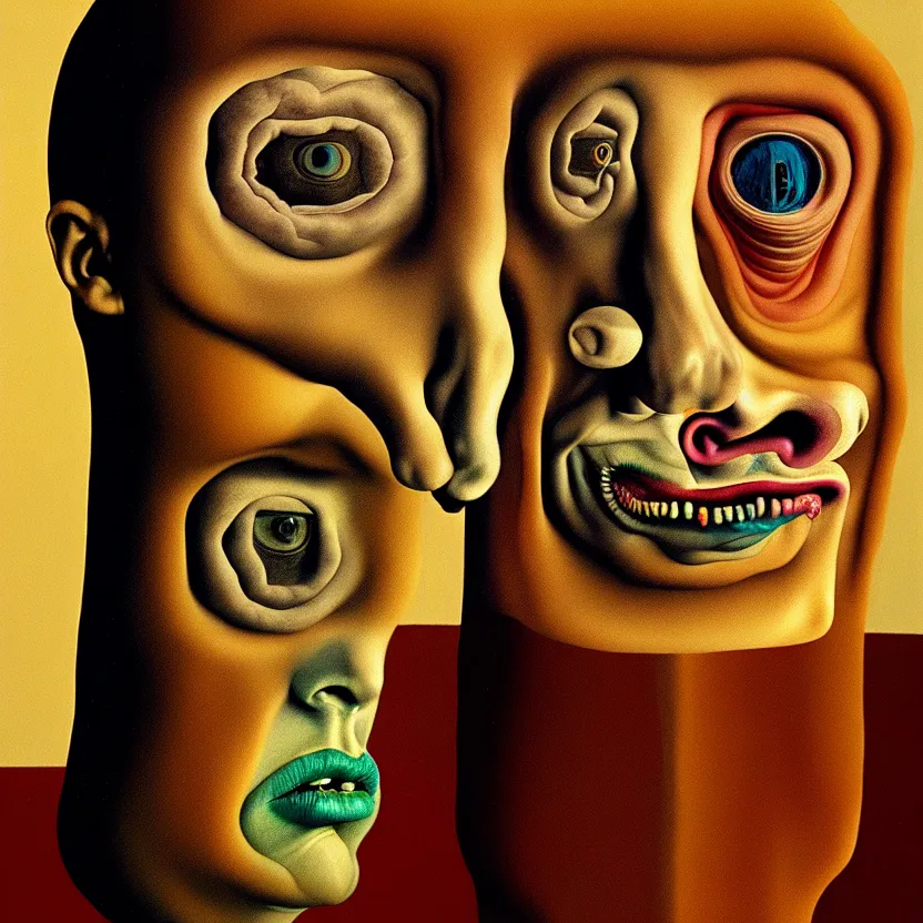 Image similar to a face coming out of a face coming out of a face, recursion, surreal, by salvador dali and david firth, oil on canvas, weird, dreams, soft lighting, warm colors