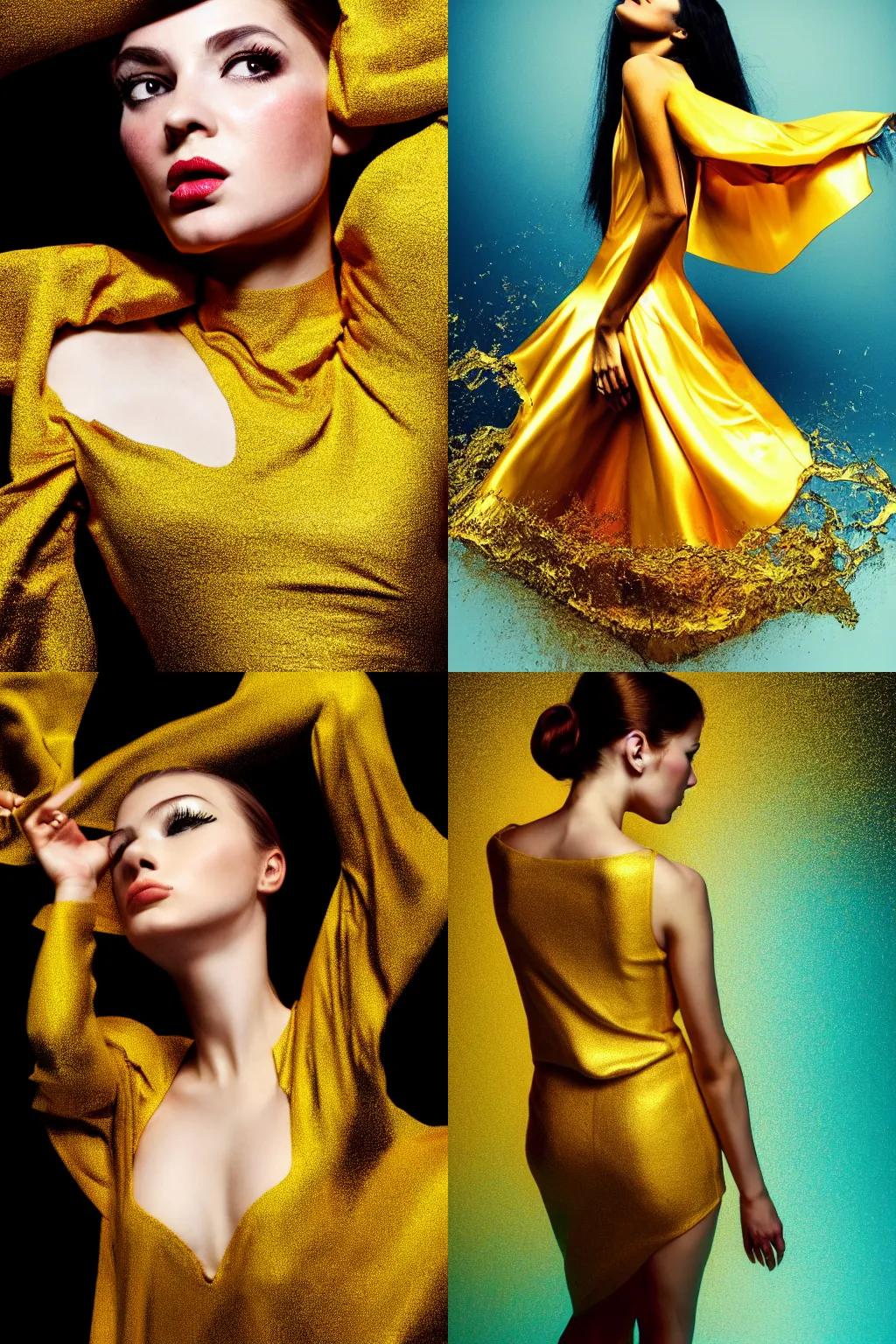 Prompt: lifestyle portrait of a beautiful girl in a golden dress with top split emerging from black water, artstation, photography, smooth, sharp focus, turned head, art by nick knight and david lachapelle