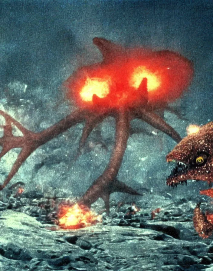 Prompt: a filmstill of a north korean monster movie, kaiju - eiga monster starfish - like trampling a traditional korean palace, foggy, film noir, epic battle, etheral, explosions, communist propaganda, communist epic thriller, by akira kurosawa and wes anderson video compression