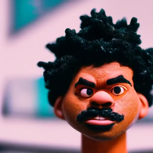 Image similar to a cinematic film still of a claymation stop motion film starring chance the rapper as a college student, shallow depth of field, 8 0 mm, f 1. 8