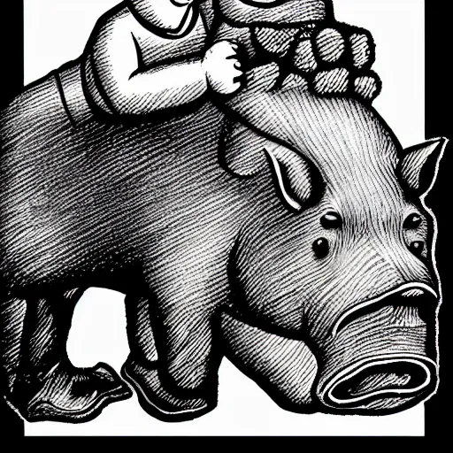 Prompt: small young boy riding large fat pig, black and white, cartoon, detailed, crosshatch