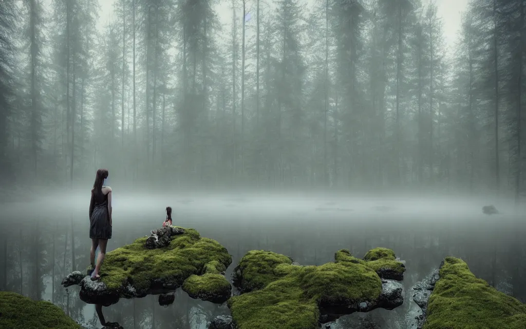 Prompt: a girl with a fishtail for legs, on a rock in a pond in the middle of the forest, fir trees, moss, fog, dramatic atmosphere, highly detailed, cinematic lighting, perfect composition artem demura