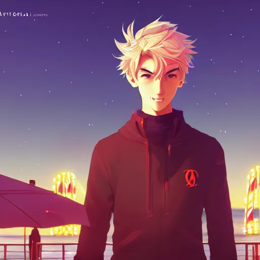 Image similar to ⁠portrait of Félix Lengyel(xqc), Santa Monica Pier background, rich vivid colors, ambient lighting, dynamic lighting, 4k, HQ, official media, anime key visual, makoto shinkai, ilya kuvshinov, lois van baarle, rossdraws, detailed, trending on artstation