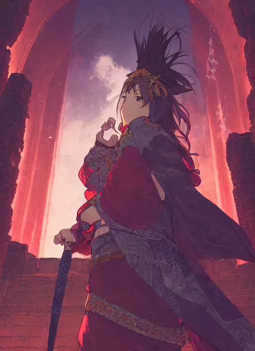 Image similar to character portrait of the ruby herald at the volcano temple, hidari, color page, tankoban, 4K, tone mapping, Akihiko Yoshida.