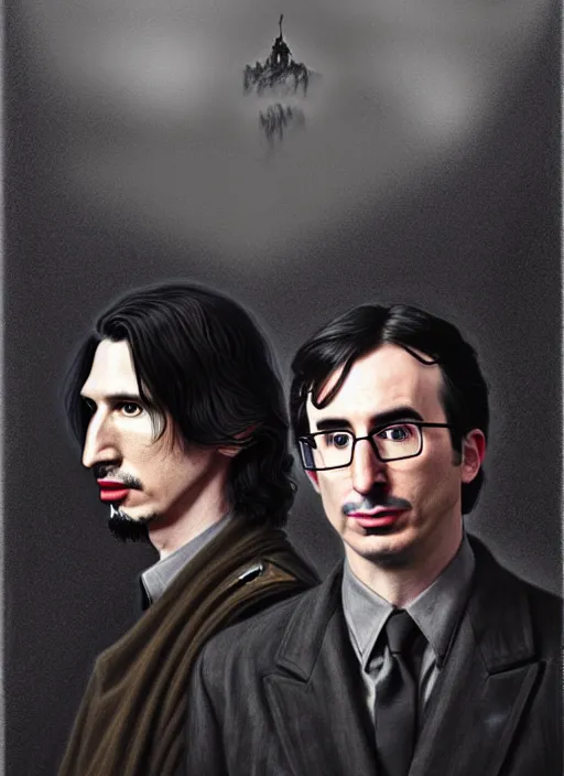 Image similar to a portrait of john oliver standing next to adam driver as in the vigo carpathian painting, stoic, military uniform, fantasy, intricate, beautiful, highly detailed, charcoal, centered, dark, smokey, digital painting, concept art, smooth, sharp focus, illustration, art by artgerm and greg rutkowski