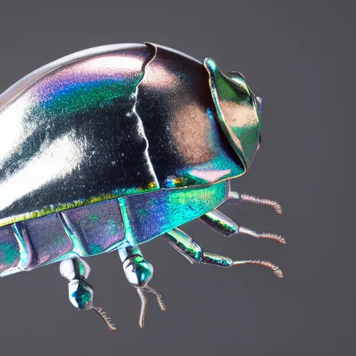 Prompt: 9 0 mm studio photograph tiny, abstract iridescent metallic giant isopod. from a distance. white background. long shot. centered in frame