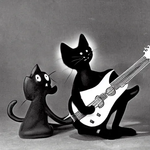 Image similar to cat playing guitar, rubber hose, felix the cat, pie eyes, 1 9 3 0 s, bw