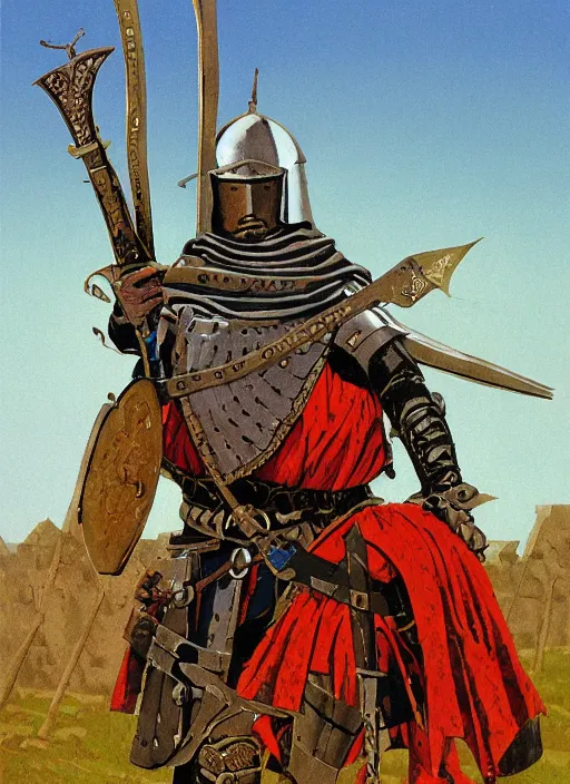 Image similar to character art illustration of a medieval Byzantine infantry warrior by Angus McBride.