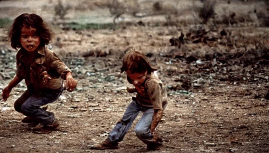Prompt: 7 0 s film still from a horror movie about a children playing in a warzone, kodachrome, cinecolor, cinestill, film grain, film texture, retro, cinematic, high resolution, photorealism,