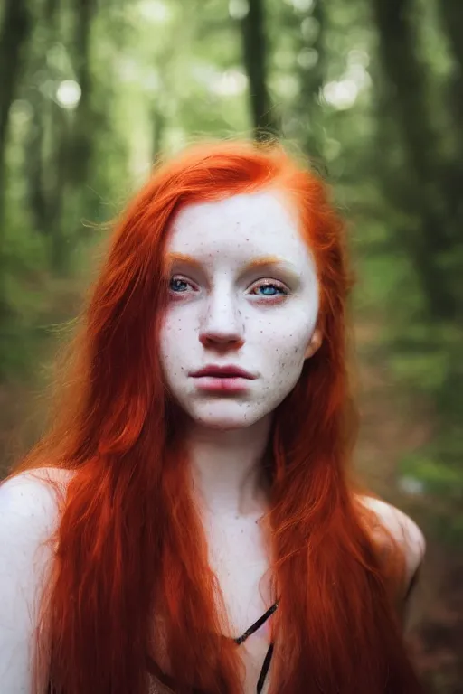 Image similar to close-up portrait of a red-haired girl 20 years old with freckles, green eyes, natural beauty in a magical gloomy forest among fireflies, 35mm photo, high quality, 4K, 8K, realistic, perfect eyes, perfect face, beautiful, detailed, 8k resolution, Kodak 35mm