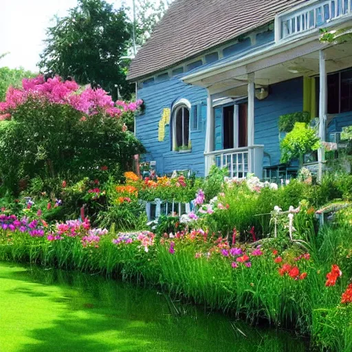 Image similar to A beautiful cottage with a lush front yard, with a flower patch and a flowing river in the style of Monet