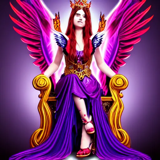 Prompt: Princess sorceress with red flaming bird wings on her back and sitting on an ornate throne dressed in a fancy purple dress, beautiful realistic face, Fantasy, Full Portrait, High detail, realistic, planeswalker
