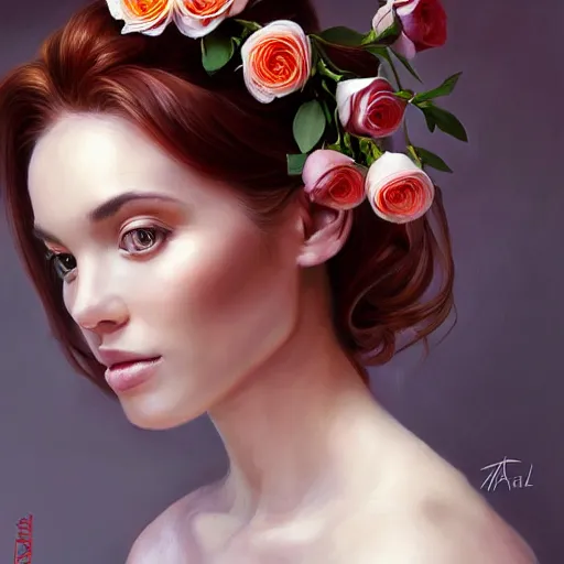 Prompt: portrait of a gorgeous woman holding a bouquet of roses in the style of stefan kostic, auburn hair, realistic, sharp focus, intricate, white dress, elegant, insanely detailed, 8 k high definition, art by artgerm, mark hill