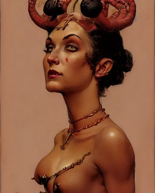 Image similar to portrait of a beautiful savage slaanesh female, by norman rockwell