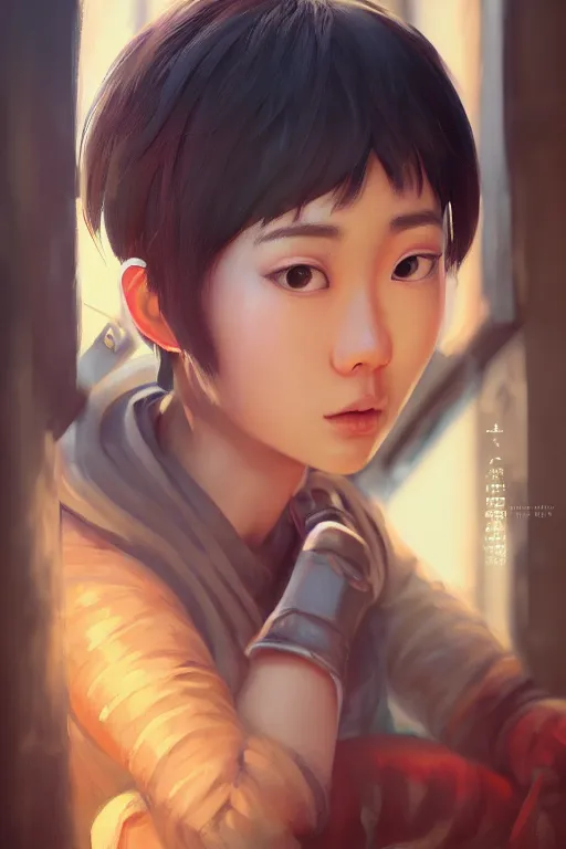 Prompt: a painting of cute Asian girl, short hair, in the style of DreamWorks animation, low angle view, 16mm lens, award winning, hyper detailed, dramatic lighting, artstation, octane renderer, unreal engine