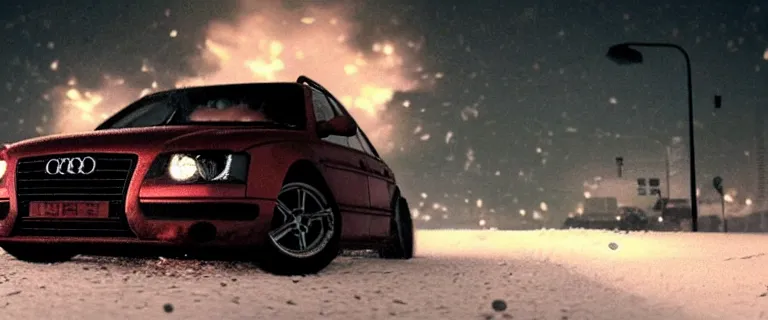 Image similar to Audi A4 B6 Avant (2002), a gritty neo-noir, dramatic lighting, cinematic, eerie person, death, homicide, homicide in the snow, gunshots, establishing shot, extremely high detail, photorealistic, red mist, arson, burning city, cinematic lighting, artstation, by simon stalenhag, Max Payne (PC) (2001) winter New York at night, In the style of Max Payne 1 graphic novel, flashing lights, Poets of the Fall - Late Goodbye