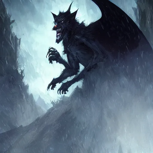 Image similar to werewolf vampire hybrid, dark cloak, bats flying in the background, fantasy game art by greg rutkowski, fantasy rpg, league of legends