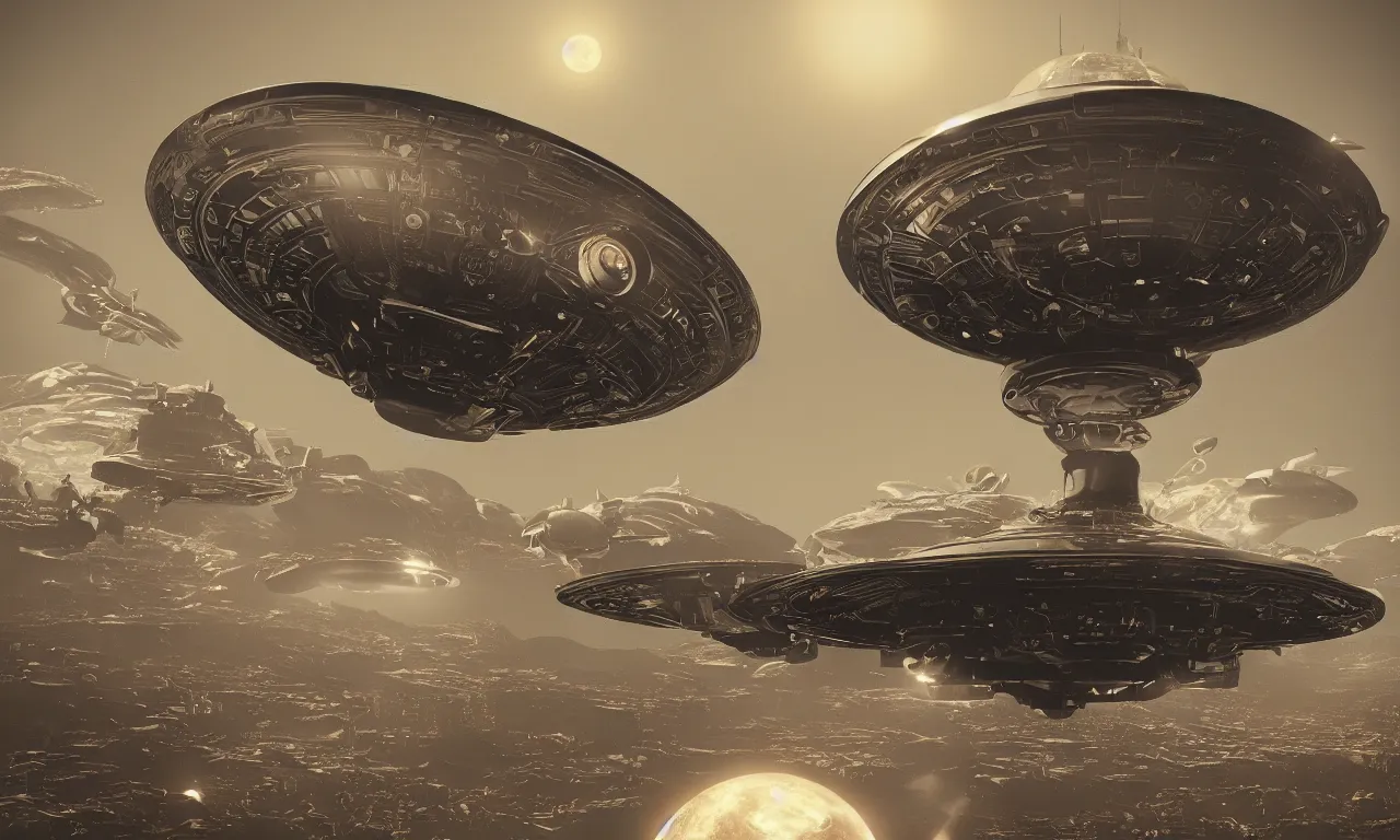 Image similar to 1950s retro flying saucer invasion, high details, cinematic, 8k resolution, beautiful detailed, insanely intricate details, fantasy background, artstation trending, octane render, unreal engine