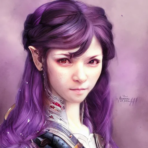 Image similar to portrait of a female halfling sorcerer by ayami kojima, she is about 2 0 years old, purple hair, leadership vibes, she is wearing a modern tactical gear, scifi, highly detailed portrait, digital painting, artstation, concept art, smooth, sharp foccus ilustration, artstation hq