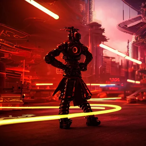 Image similar to A wide shot of a cyborg samurai, cyberpunk background with steampunk vehicles. High action glowing neon lights. Very beautiful, Cinematic, volumetric lighting, Award winning, ultra high resolution, intricate details, rendered with unreal engine, octane render, UHD 8K