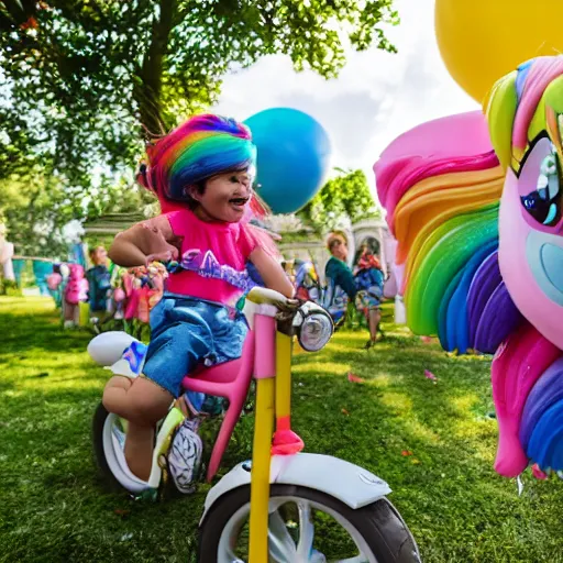 Prompt: children riding (my little pony) at a birthday party in the city park. balloons, cake, presents, craziness, havoc, style of pixar, 8K, 4K