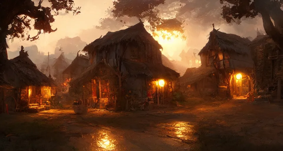 Prompt: book illustration of small wooden village. Atmospheric beautiful by Eddie mendoza and Craig Mullins. volumetric lights