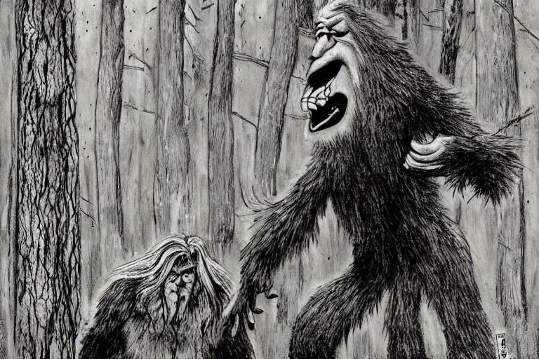 Image similar to mad bigfoot screaming in the woods artwork by ben templesmith