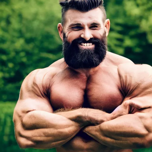 Image similar to Vivid color photography of a very muscular man smiling with a chiseled jawline and trimmed beard