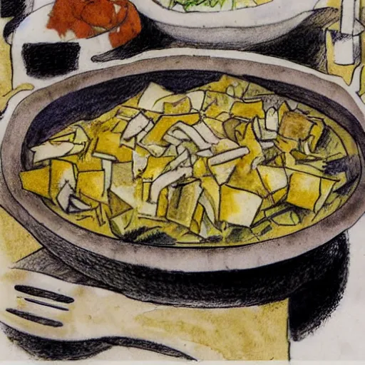 Prompt: chilaquiles, sketch by diego rivera, ink by frank miller