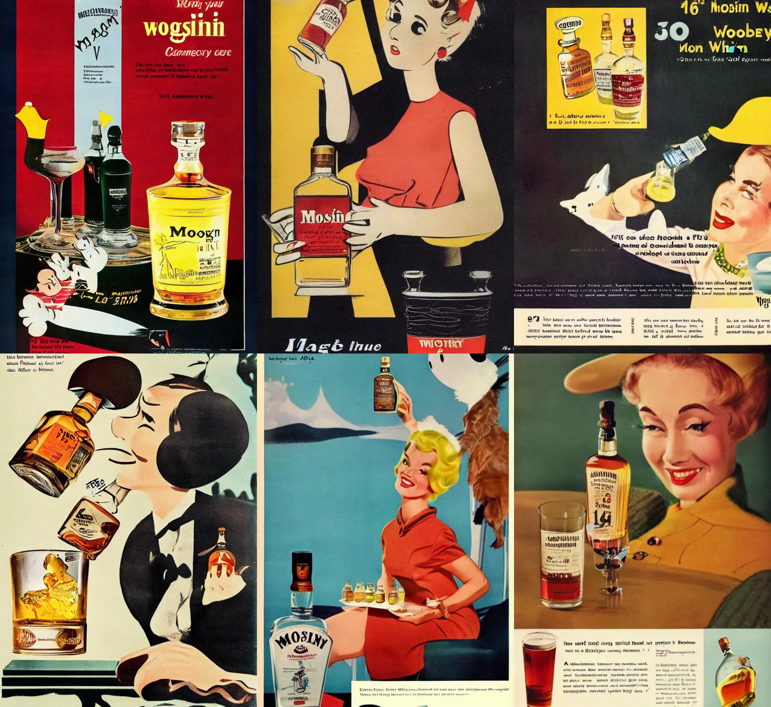 Prompt: 1960 vintage whisky ad featuring a Moomin